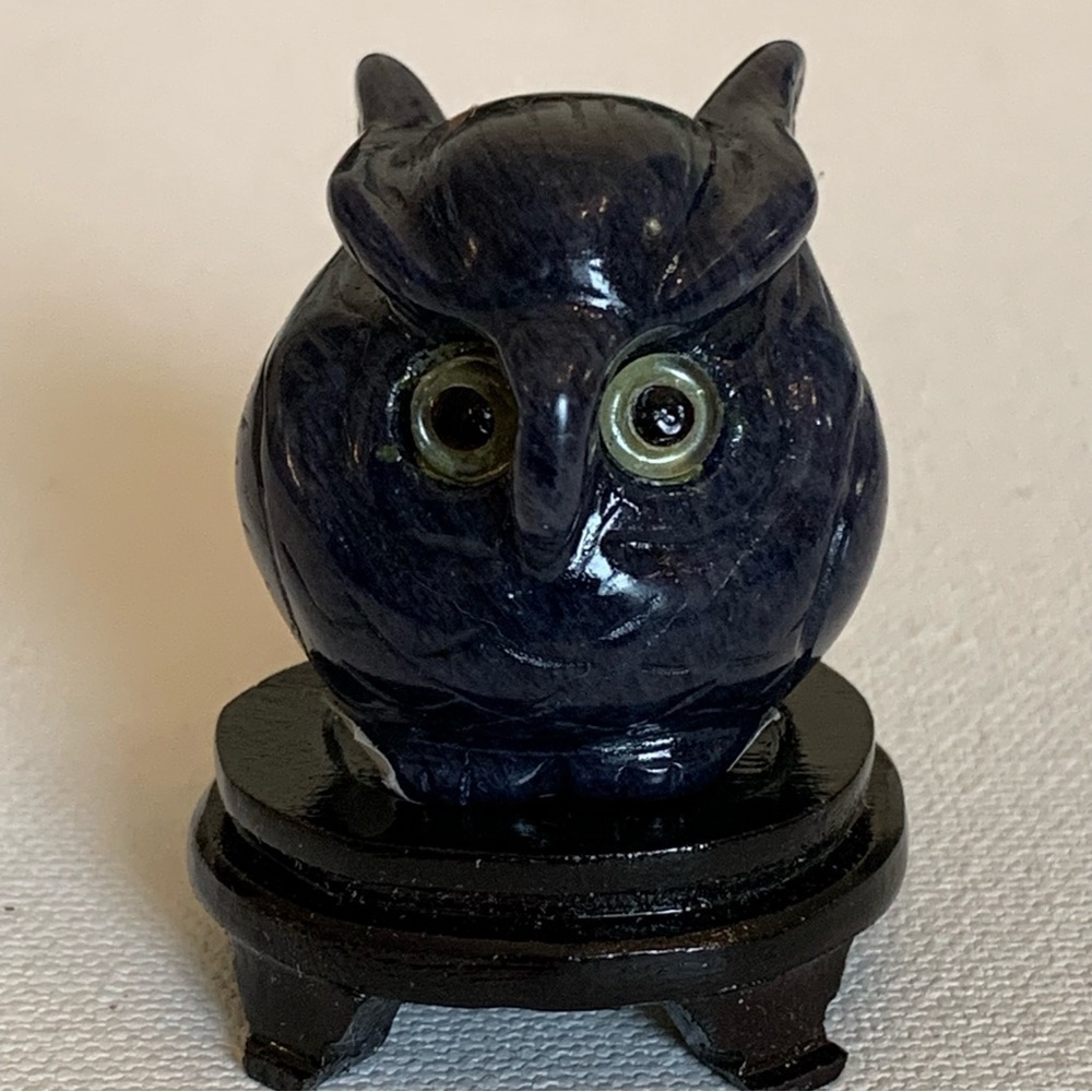 Blue Sodalite Owl Figurine Vintage Fine Chinese Carved Bird W Stand 1.4" READ**